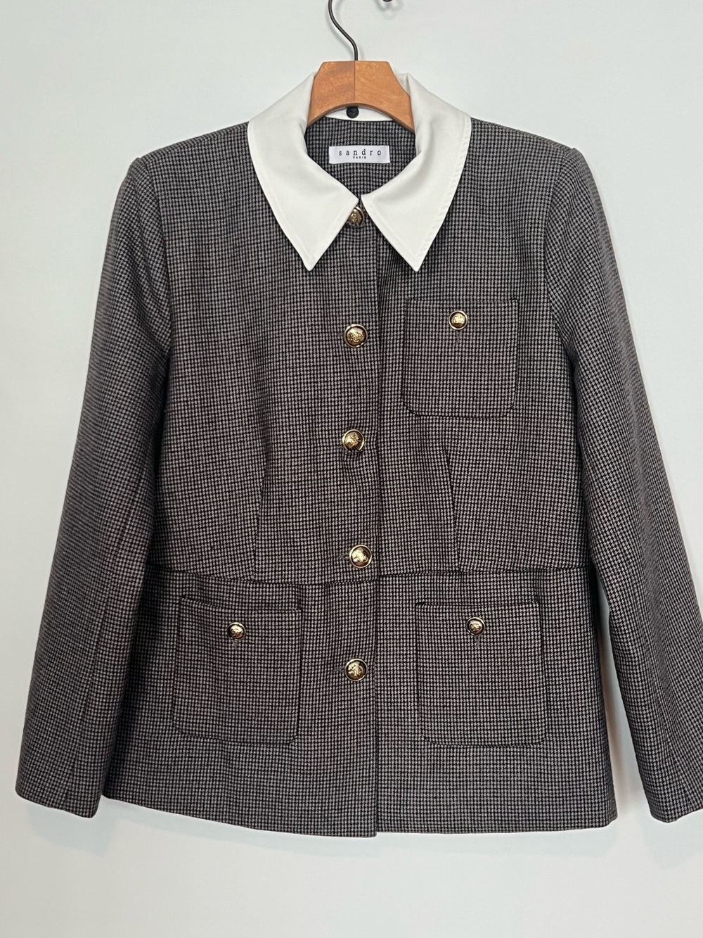 Sandro Paris Houndstooth Wool Blend Jacket Removable Collar Small - Picture 4 of 8
